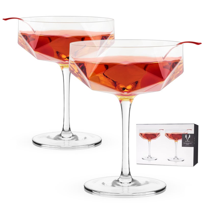 Viski Faceted Coupe Glasses set of 2, Champagne, Martini, Wine, Crystal Cocktail Glasses for Bar, Drinking Glass Set of 2, 7oz - Image 1